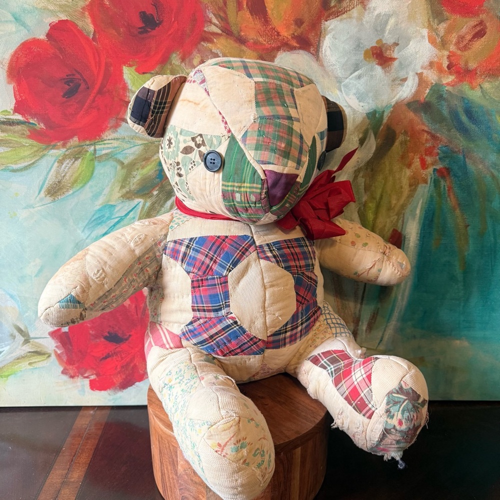Vintage Handmade Patchwork Quilt Teddy Bear 23" Tall Cottagecore Shabby Chic